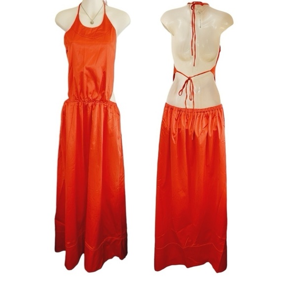 STAUD Satin Open Cut-Out Tie Back High Neck Halter Long Maxi Dress Orange - L - Picture 4 of 7